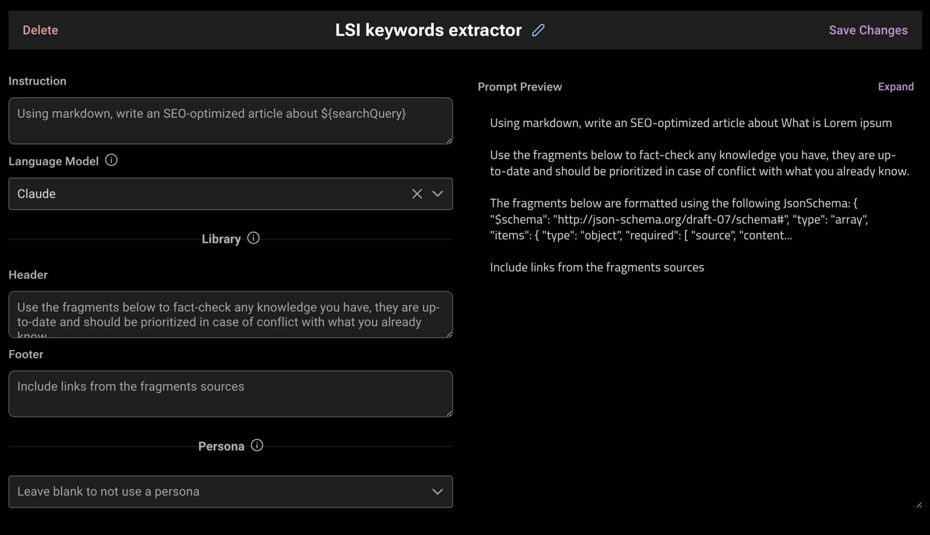 Form to set up prompt templates