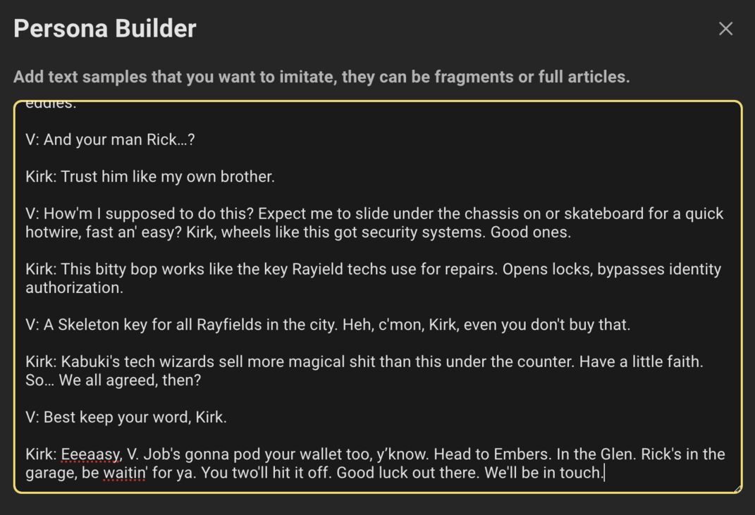 Shows how to input examples to create an AI Persona