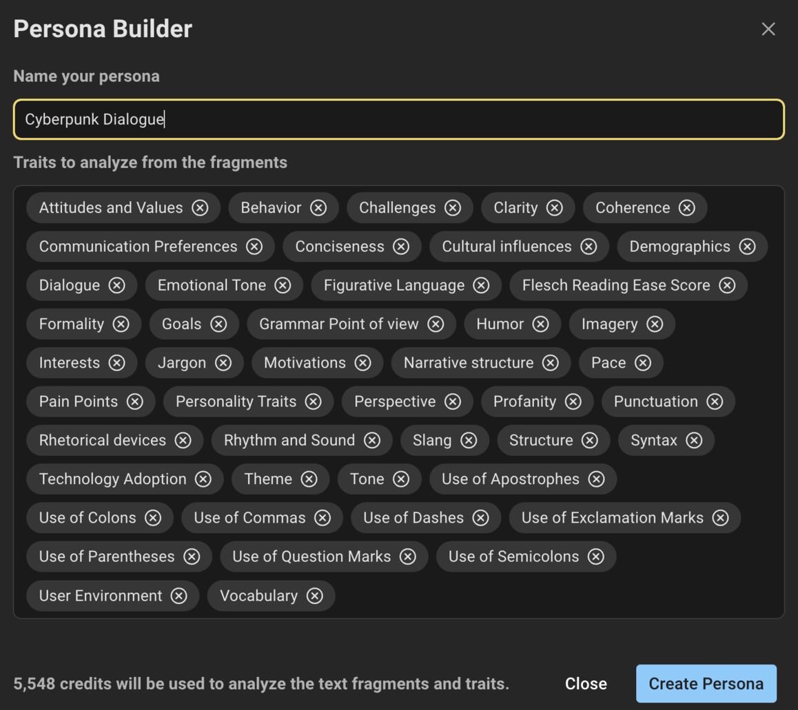 Shows how to choose personality traits to analyze for